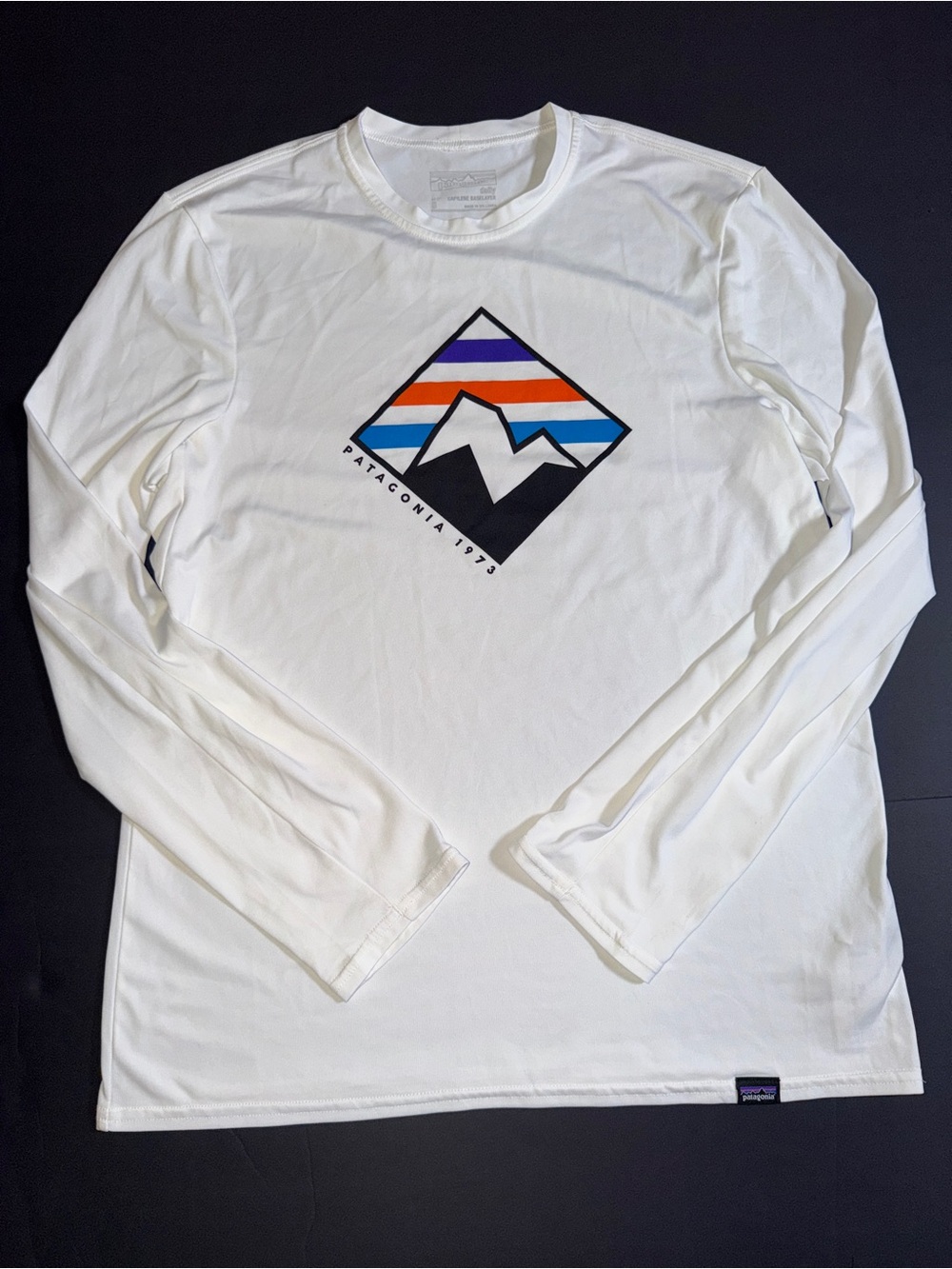 Patagonia White Long-Sleeve Tee with Multicolor Mountain Logo